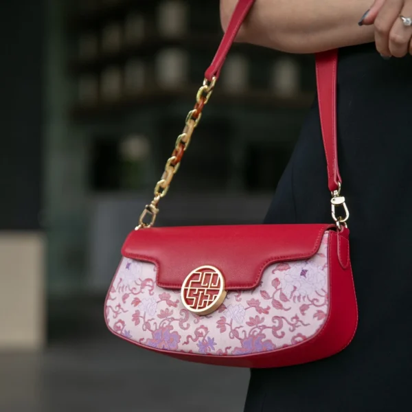 Women's Shoulder and Handbag with Embroidered Pink Roses in Bright Red - Image 2