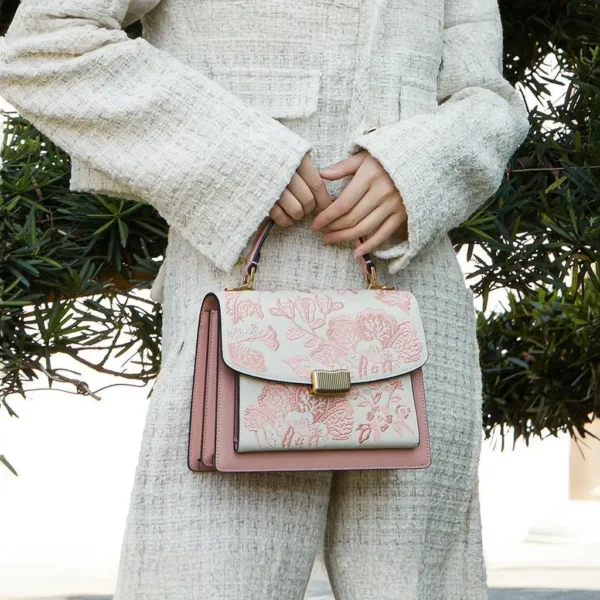 Matte Handbag with Light Pink Begonia Flower Embroidery - Image 2