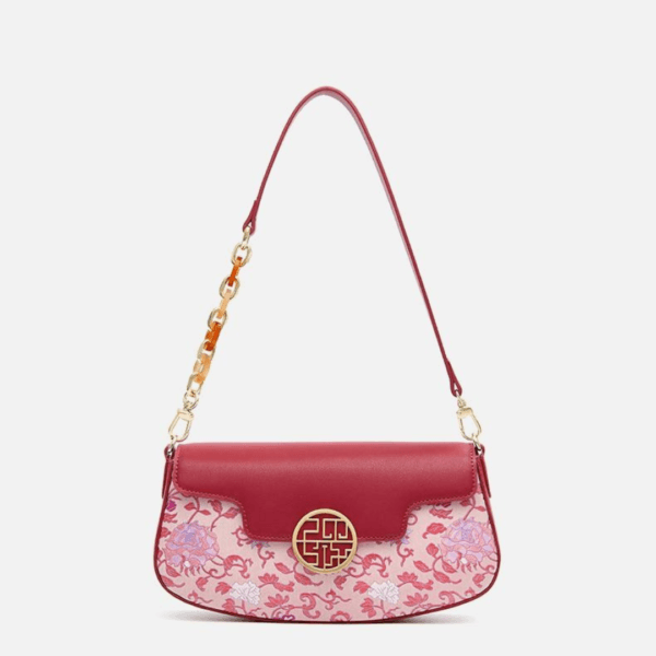 Women's Shoulder and Handbag with Embroidered Pink Roses in Bright Red - Image 3