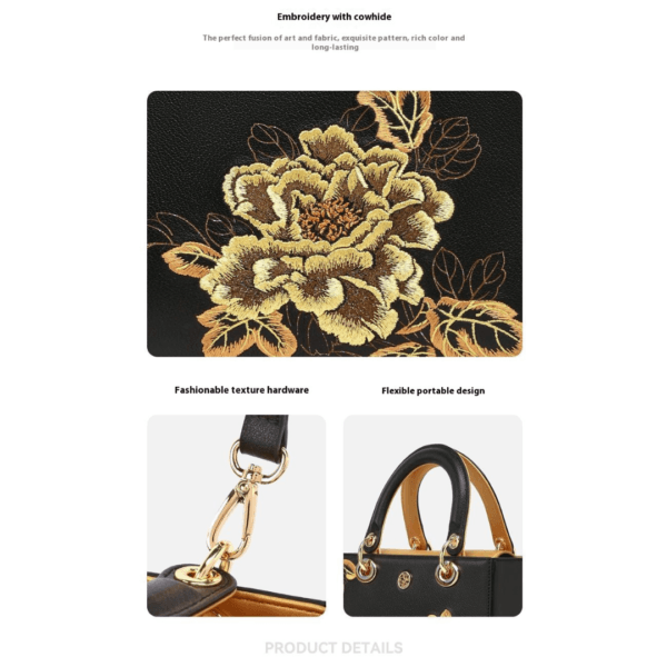 Women's Handbag with Black Peony Embroidery and Gilt Decoration - Image 5