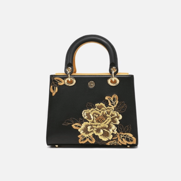 Women's Handbag with Black Peony Embroidery and Gilt Decoration - Image 3