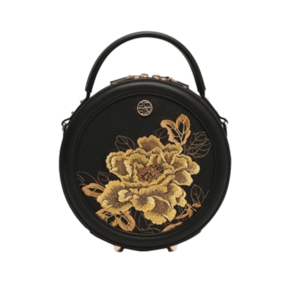 Women's Handbag with Black Peony Embroidery and Gilt Decoration