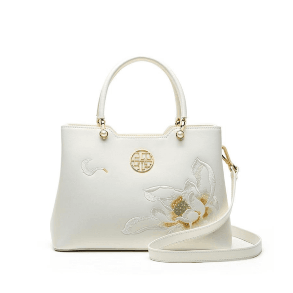 Women's Shoulder and Handbag with White Lotus Embroidery - Image 3