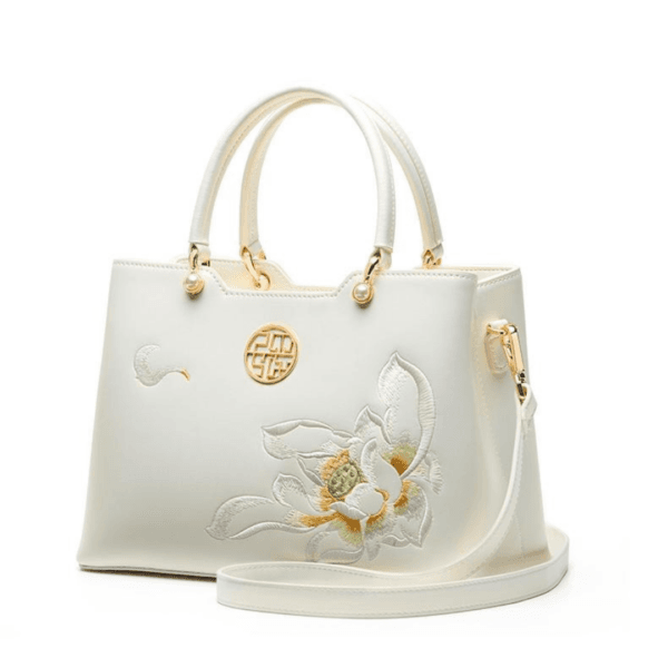 Women's Shoulder and Handbag with White Lotus Embroidery - Image 4