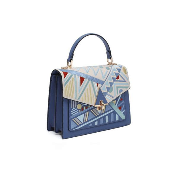 Hand-embroidered Handbag with Blue Geometric Patterns - Image 3