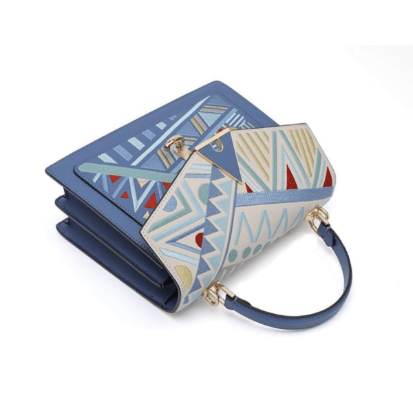 Hand-embroidered Handbag with Blue Geometric Patterns - Image 7