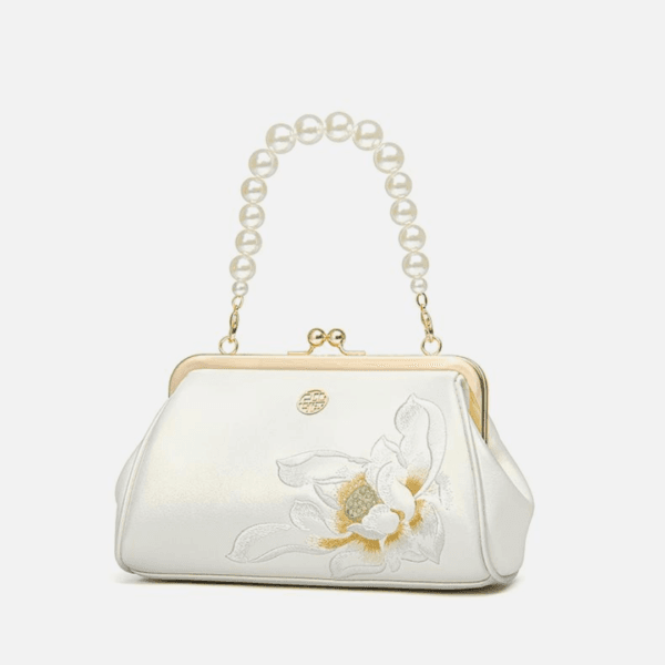 Women's Shoulder and Handbag with Lotus Embroidery and Pearl Chain - Image 4