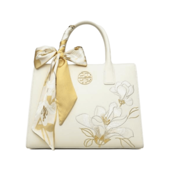 Pure White Handbag with Magnolia Embroidery and Matte Finish