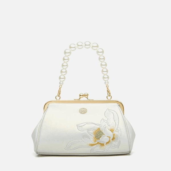 Women's Shoulder and Handbag with Lotus Embroidery and Pearl Chain - Image 3