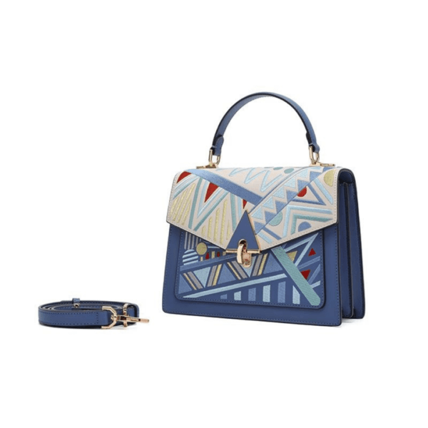 Hand-embroidered Handbag with Blue Geometric Patterns - Image 9