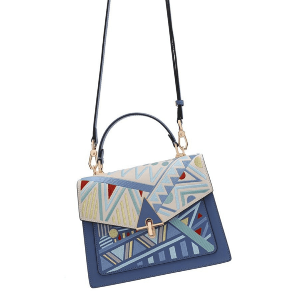 Hand-embroidered Handbag with Blue Geometric Patterns - Image 10