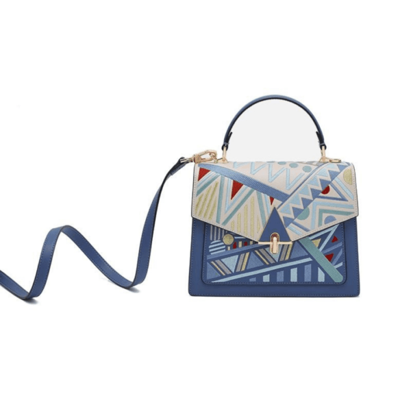 Hand-embroidered Handbag with Blue Geometric Patterns - Image 11