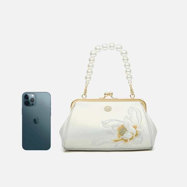 Women's Shoulder and Handbag with Lotus Embroidery and Pearl Chain - Image 8