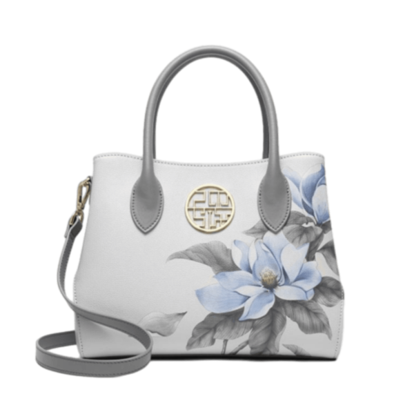 Light Gray Genuine Leather Handbag with Gardenia Embroidery