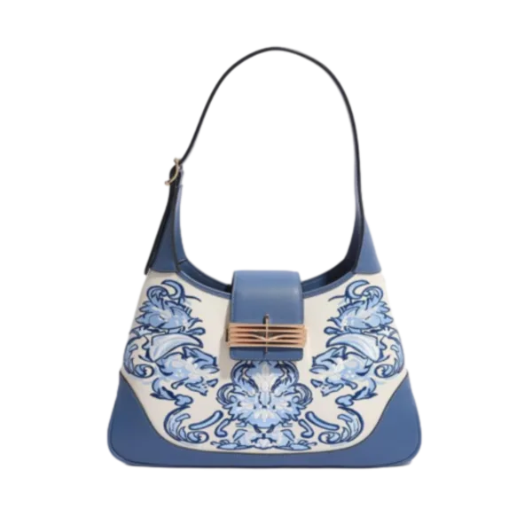 Matte Handbag with Sky-blue Phoenix Flower Embroidery