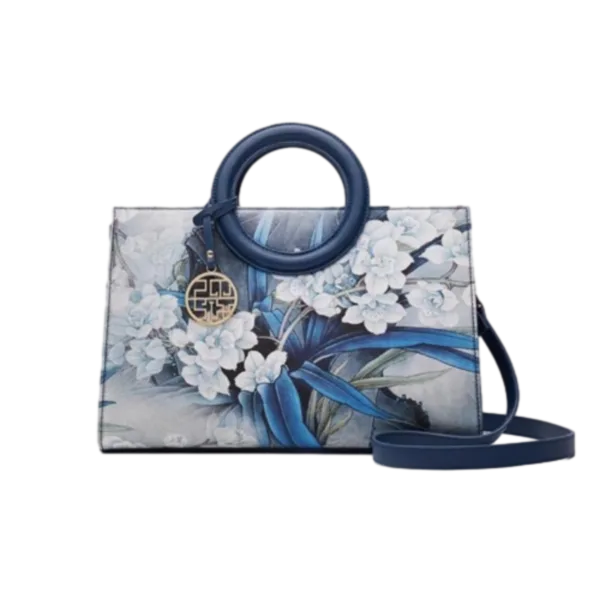 Dark Blue Handbag with Orchid Embroidery and Matte Finish