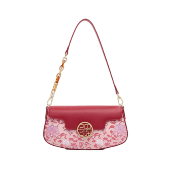 Women's Shoulder and Handbag with Embroidered Pink Roses in Bright Red