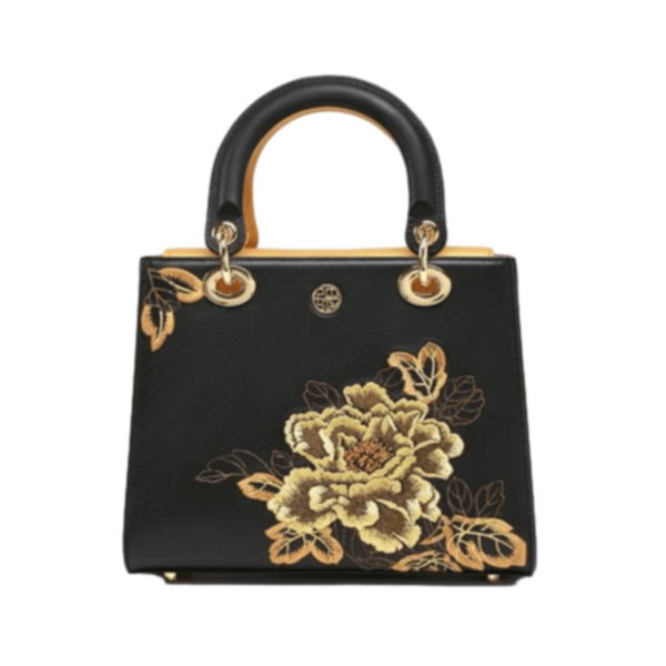 Women's Handbag with Black Peony Embroidery and Gilt Decoration