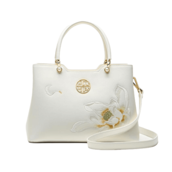 Women's Shoulder and Handbag with White Lotus Embroidery