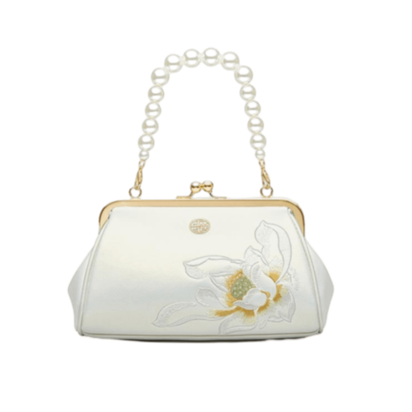 Women's Shoulder and Handbag with Lotus Embroidery and Pearl Chain