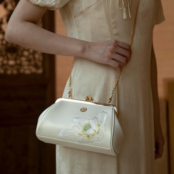 Women's Shoulder and Handbag with Lotus Embroidery and Pearl Chain - Image 11