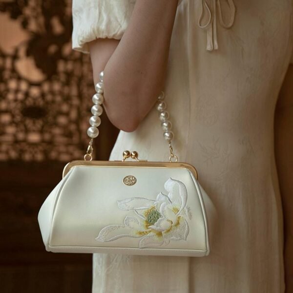 Women's Shoulder and Handbag with Lotus Embroidery and Pearl Chain - Image 2