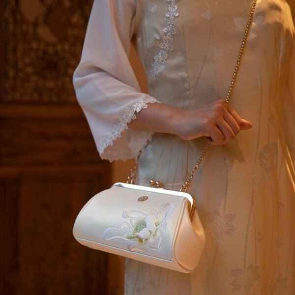 Women's Shoulder and Handbag with Lotus Embroidery and Pearl Chain - Image 10