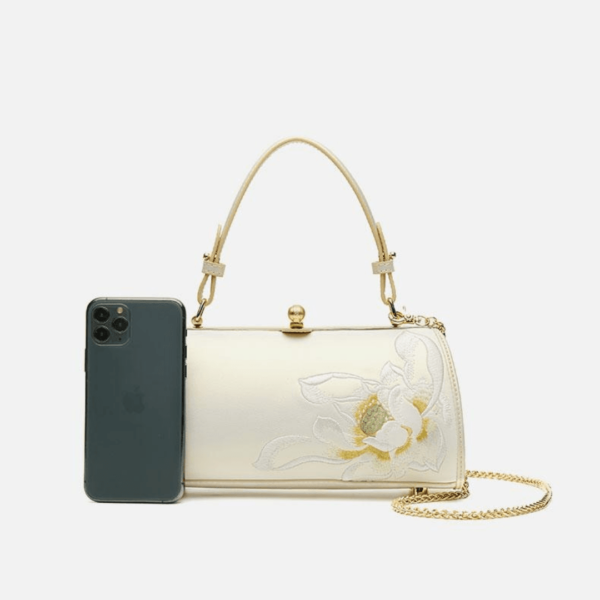 Pure White Handbag with Lotus Embroidery - Image 2