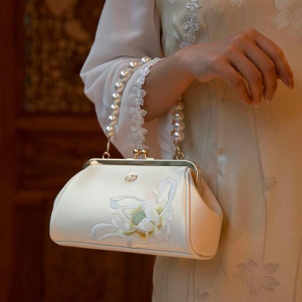 Women's Shoulder and Handbag with Lotus Embroidery and Pearl Chain - Image 9