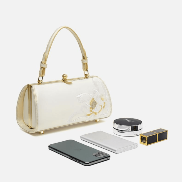 Pure White Handbag with Lotus Embroidery - Image 5