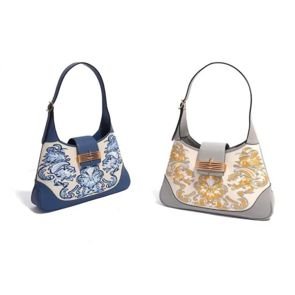 Matte Handbag with Sky-blue Phoenix Flower Embroidery - Image 7