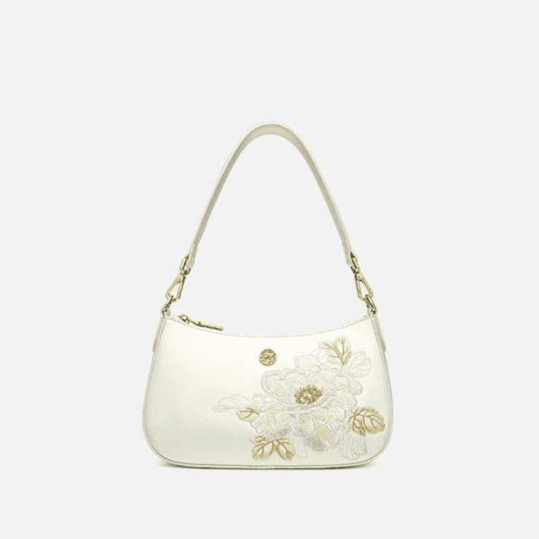 Pure White Women's Handbag with Peony Embroidery and Gilt Decoration - Image 3