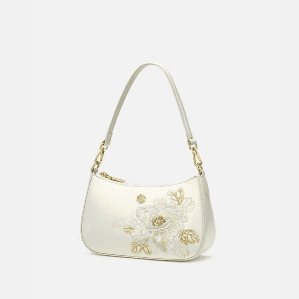 Pure White Women's Handbag with Peony Embroidery and Gilt Decoration - Image 4