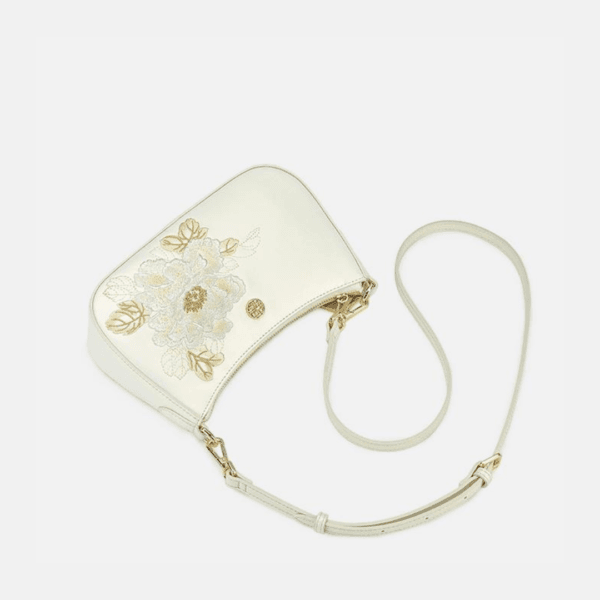 Pure White Women's Handbag with Peony Embroidery and Gilt Decoration - Image 7