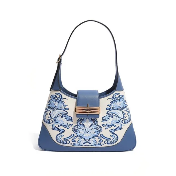 Matte Handbag with Sky-blue Phoenix Flower Embroidery - Image 3