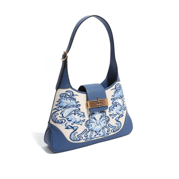 Matte Handbag with Sky-blue Phoenix Flower Embroidery - Image 4