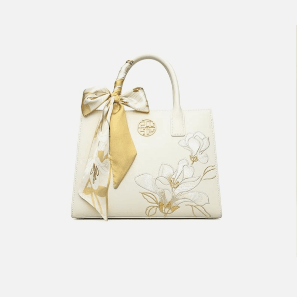 Pure White Handbag with Magnolia Embroidery and Matte Finish - Image 3