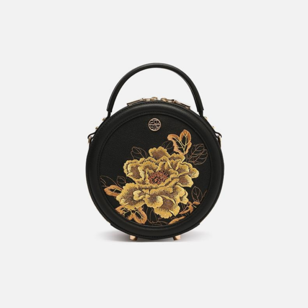 Women's Handbag with Black Peony Embroidery and Gilt Decoration - Image 3