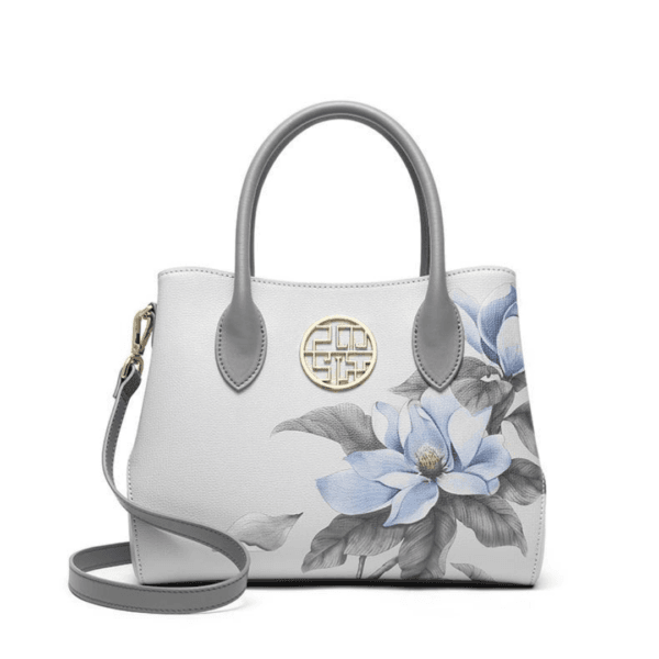 Light Gray Genuine Leather Handbag with Gardenia Embroidery - Image 3