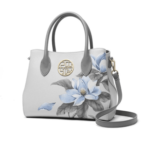 Light Gray Genuine Leather Handbag with Gardenia Embroidery - Image 4