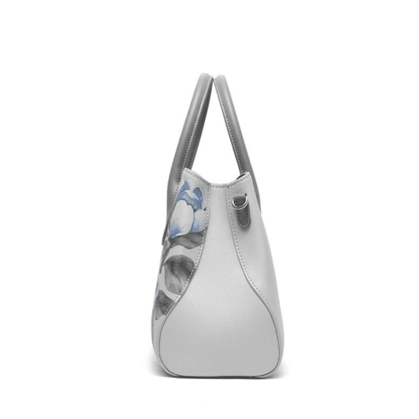 Light Gray Genuine Leather Handbag with Gardenia Embroidery - Image 6