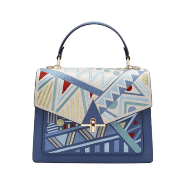 Hand-embroidered Handbag with Blue Geometric Patterns