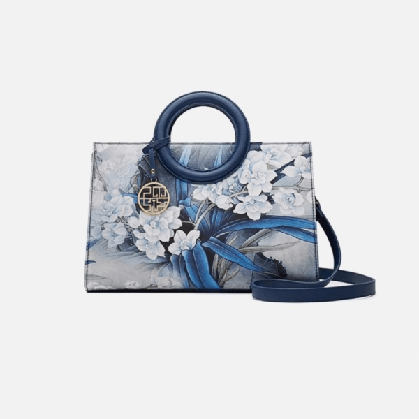 Dark Blue Handbag with Orchid Embroidery and Matte Finish - Image 3