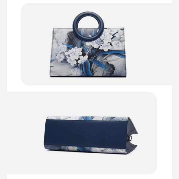 Dark Blue Handbag with Orchid Embroidery and Matte Finish - Image 4