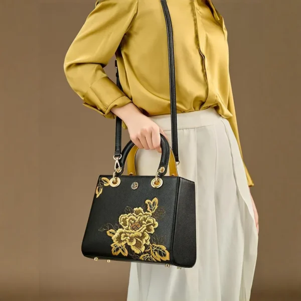 Women's Handbag with Black Peony Embroidery and Gilt Decoration - Image 2