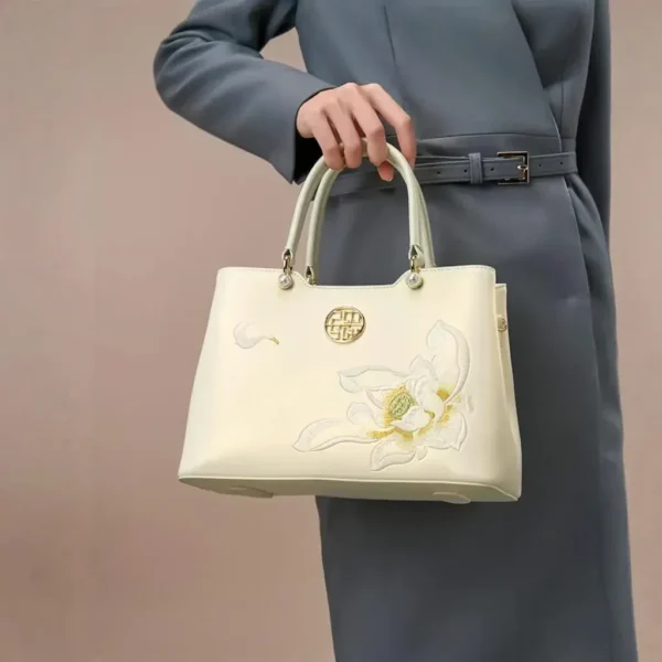 Women's Shoulder and Handbag with White Lotus Embroidery - Image 8