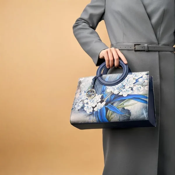 Dark Blue Handbag with Orchid Embroidery and Matte Finish - Image 7