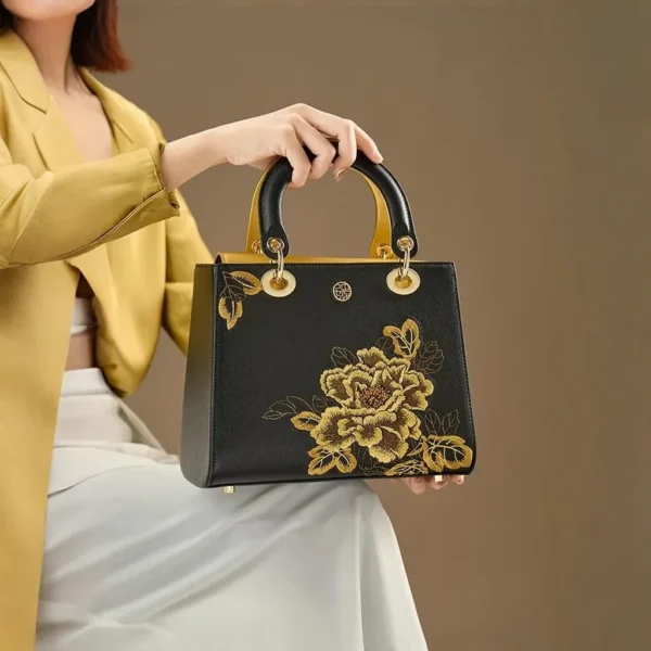 Women's Handbag with Black Peony Embroidery and Gilt Decoration - Image 9