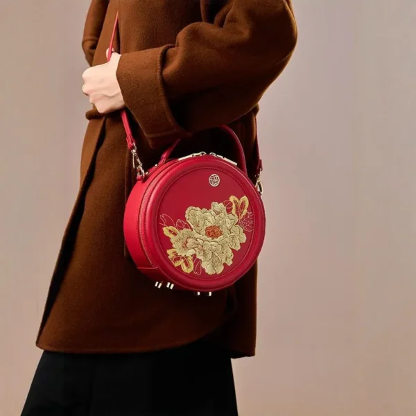 Women's Handbag with Black Peony Embroidery and Gilt Decoration - Image 9