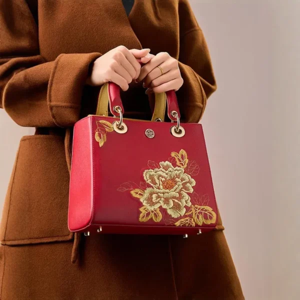 Women's Handbag with Black Peony Embroidery and Gilt Decoration - Image 11